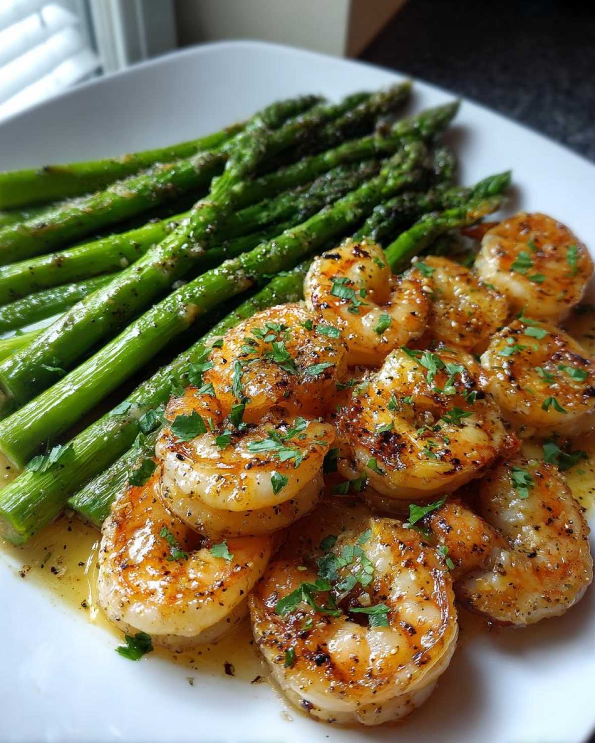 Close-up of juicy Sheet Pan Crispy Garlic Butter Shrimp and Asparagus served on a white plate.