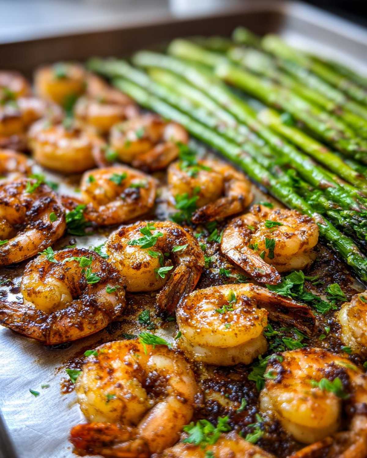 Close-up of Sheet Pan Crispy Garlic Butter Shrimp and Asparagus seasoned with herbs on a baking sheet.