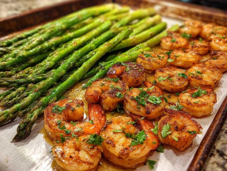 Close-up of Sheet Pan Crispy Garlic Butter Shrimp and Asparagus glistening with butter sauce and topped with parsley.