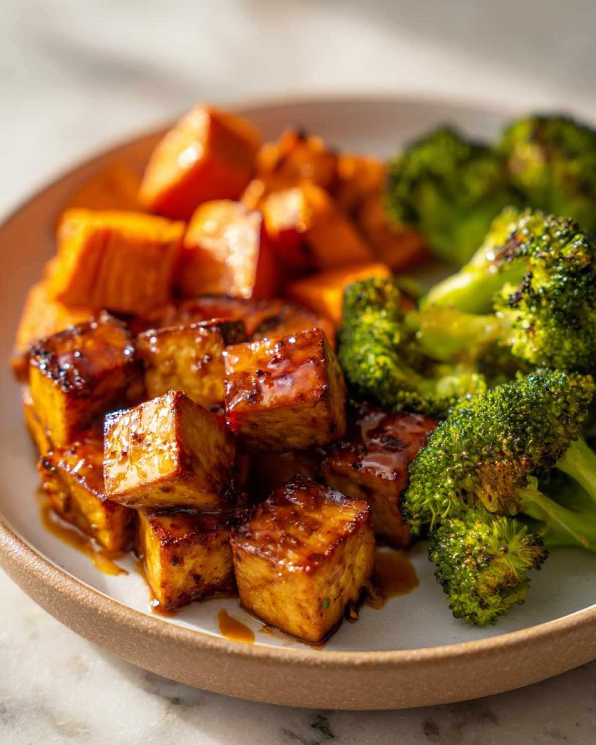 Close-up of crispy Sheet Pan Crispy Honey Mustard Tofu cubes served with roasted sweet potatoes and broccoli.