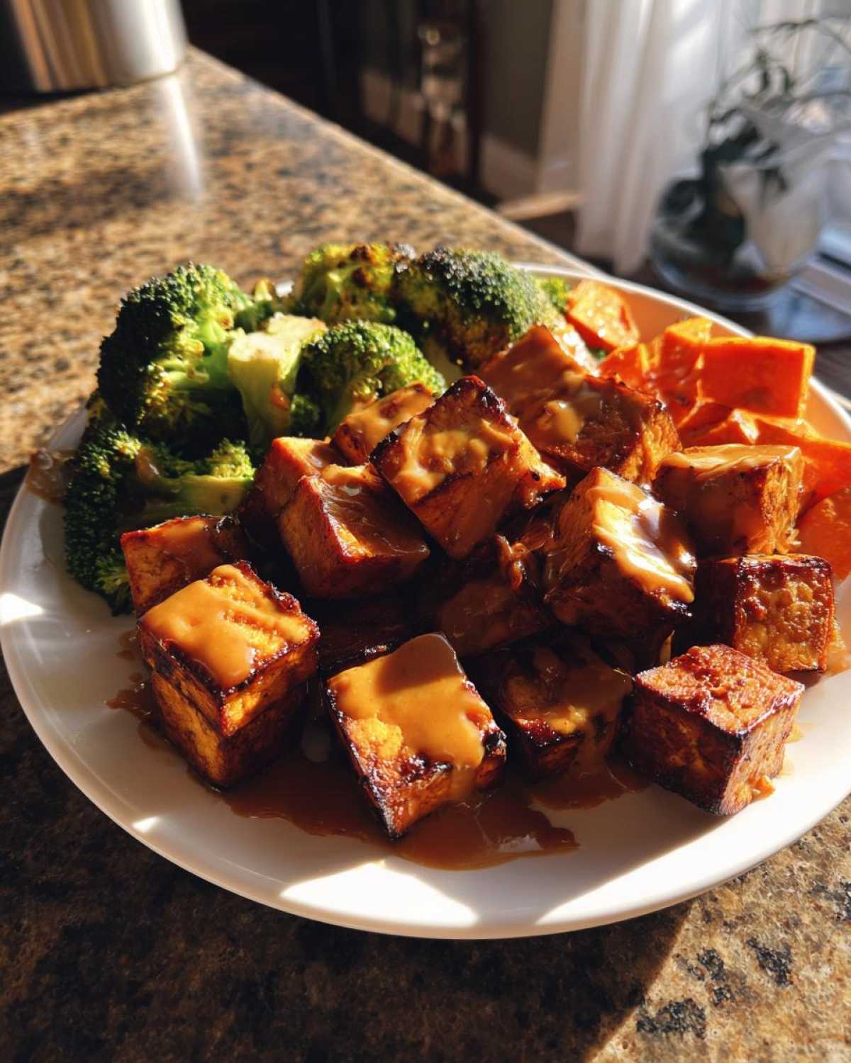 Plate of Sheet Pan Crispy Honey Mustard Tofu cubes drizzled with sauce, served with roasted broccoli and sweet potatoes.