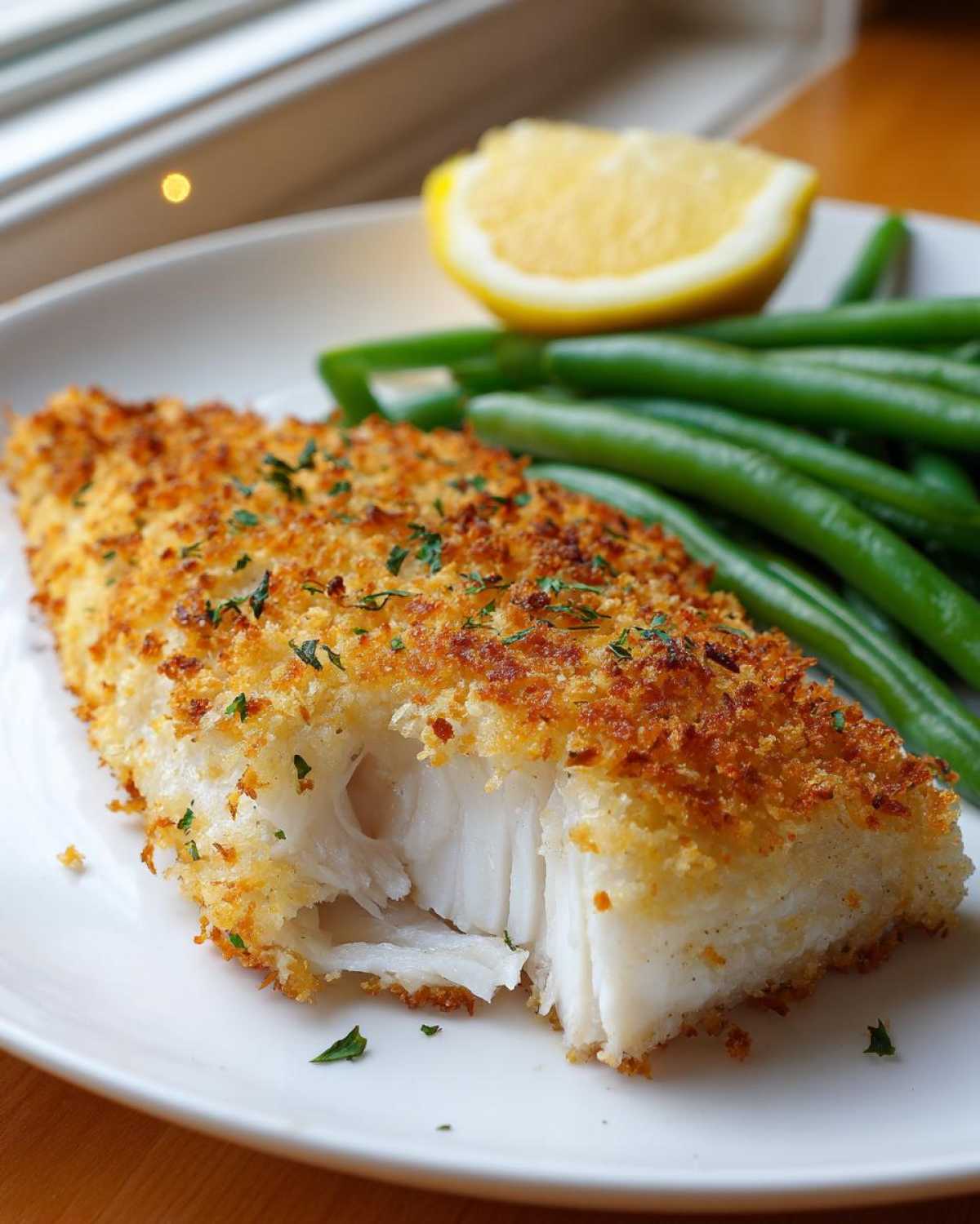 Close-up of Sheet Pan Crispy Parmesan Tilapia fillet showing flaky white fish and golden crust, served with green beans and lemon.