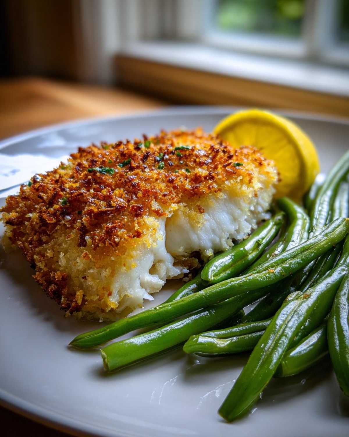A close-up of Sheet Pan Crispy Parmesan Tilapia with a side of bright green beans and a lemon wedge.