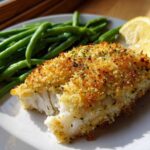 A close-up of Sheet Pan Crispy Parmesan Tilapia with a golden crust, served with bright green beans and a lemon wedge.