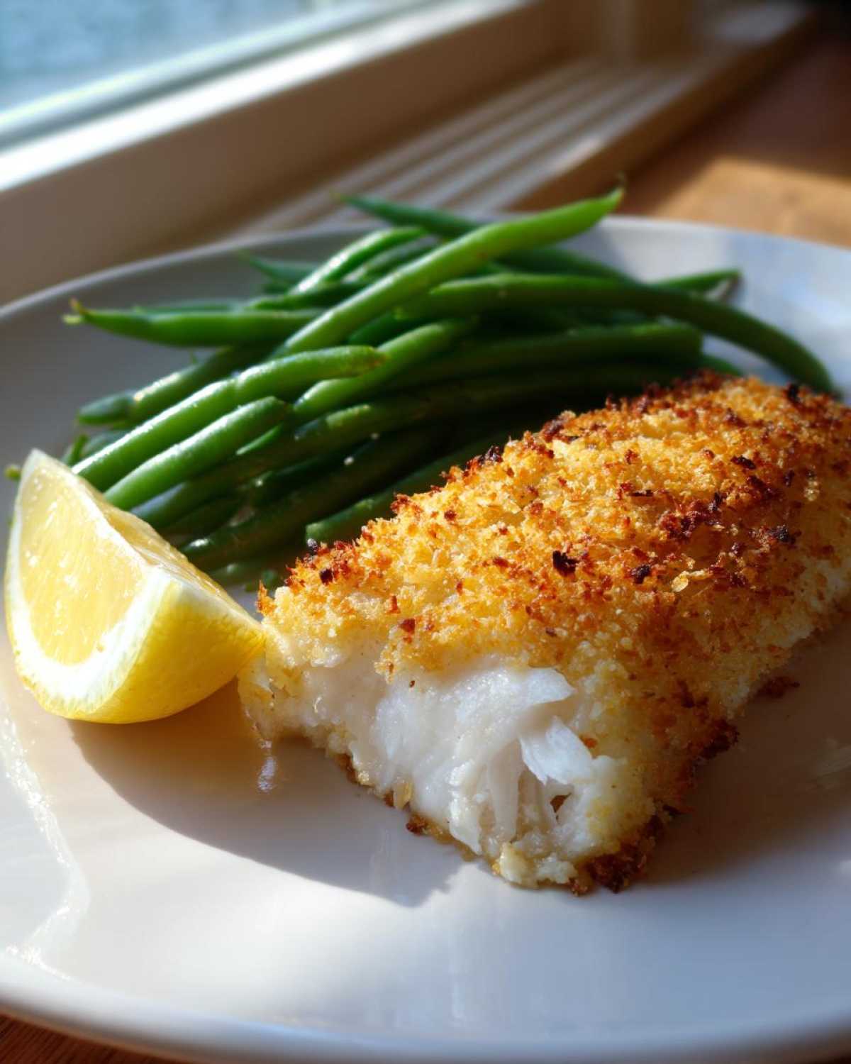 A close-up of a flaky Sheet Pan Crispy Parmesan Tilapia fillet served with bright green beans and a lemon wedge.