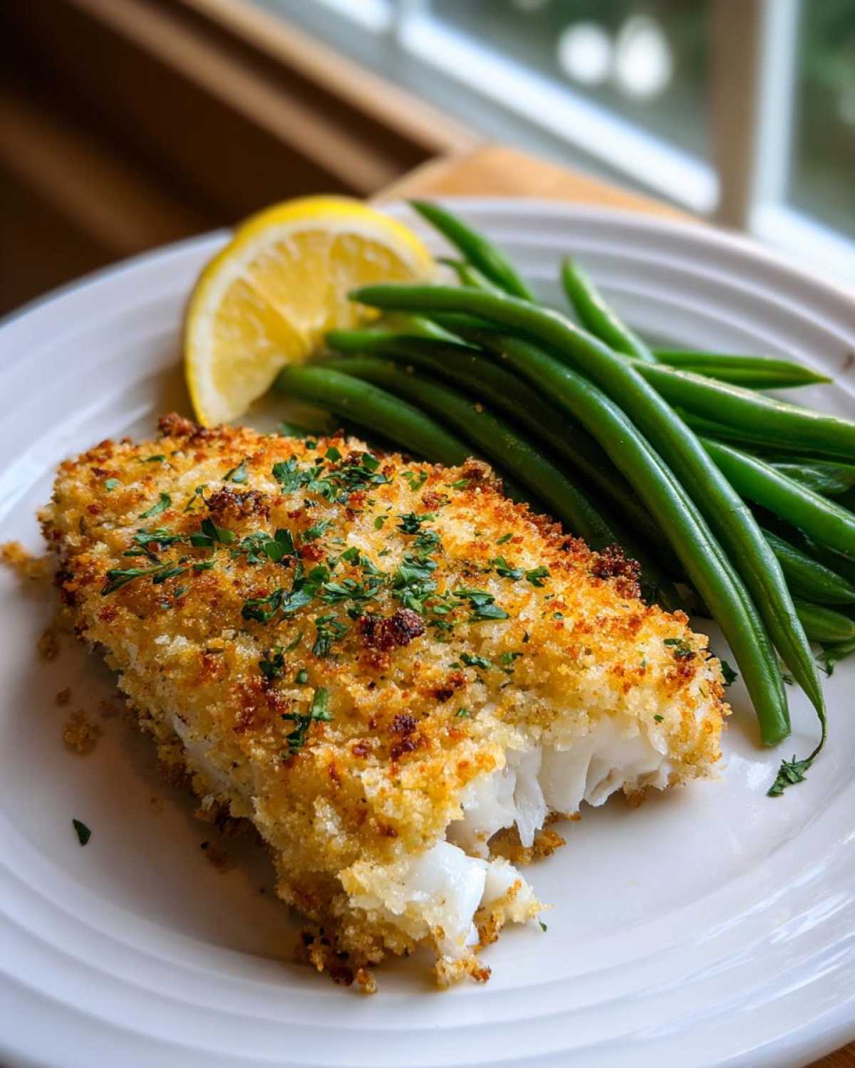A serving of Sheet Pan Crispy Parmesan Tilapia with bright green beans and a lemon wedge.