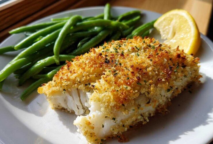 A close-up of Sheet Pan Crispy Parmesan Tilapia with a golden crust, served with bright green beans and a lemon wedge.