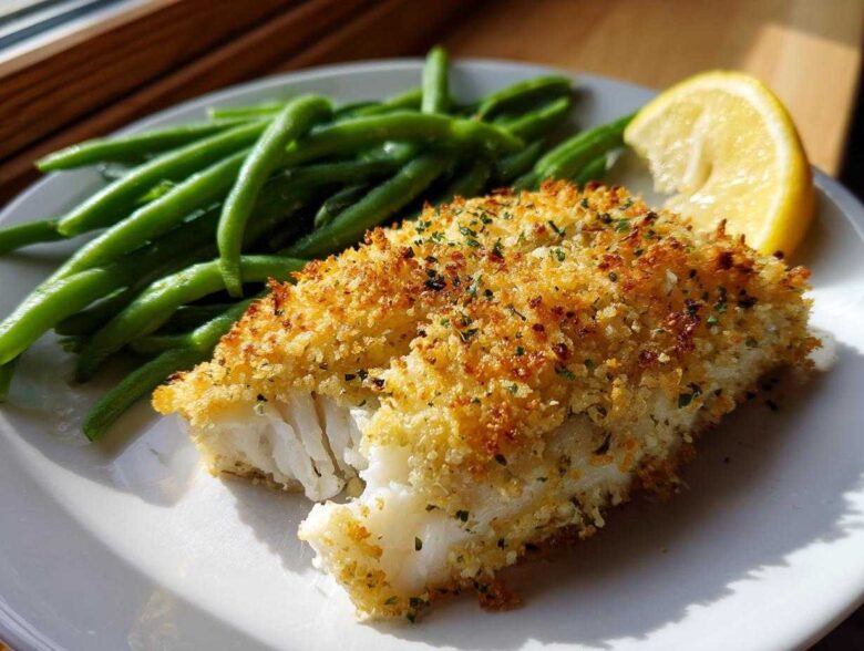 A close-up of Sheet Pan Crispy Parmesan Tilapia with a golden crust, served with bright green beans and a lemon wedge.