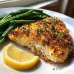 A close-up of crispy Parmesan Tilapia served with green beans and a lemon wedge.