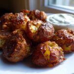 A plate of golden brown, crispy Sheet Pan Crispy Smashed Potatoes served with a small bowl of creamy garlic aioli.