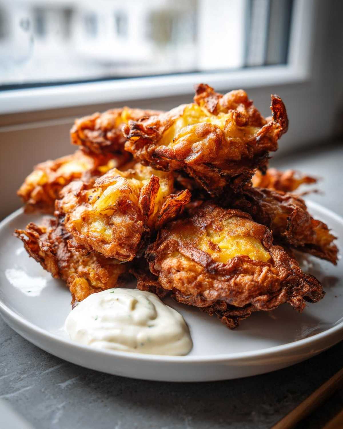 A pile of golden brown, crispy Sheet Pan Crispy Smashed Potatoes served with a dollop of garlic aioli on a white plate.