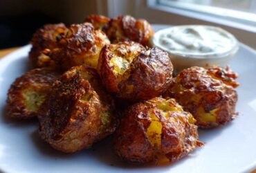 A plate of golden brown, crispy Sheet Pan Crispy Smashed Potatoes served with a small bowl of creamy garlic aioli.