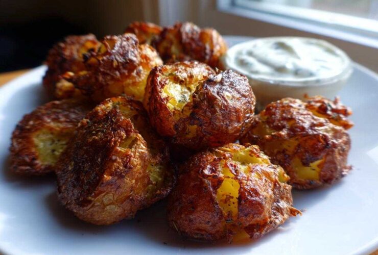 A plate of golden brown, crispy Sheet Pan Crispy Smashed Potatoes served with a small bowl of creamy garlic aioli.