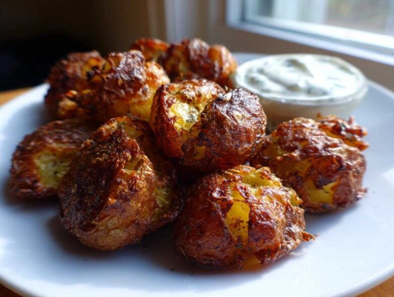 A plate of golden brown, crispy Sheet Pan Crispy Smashed Potatoes served with a small bowl of creamy garlic aioli.
