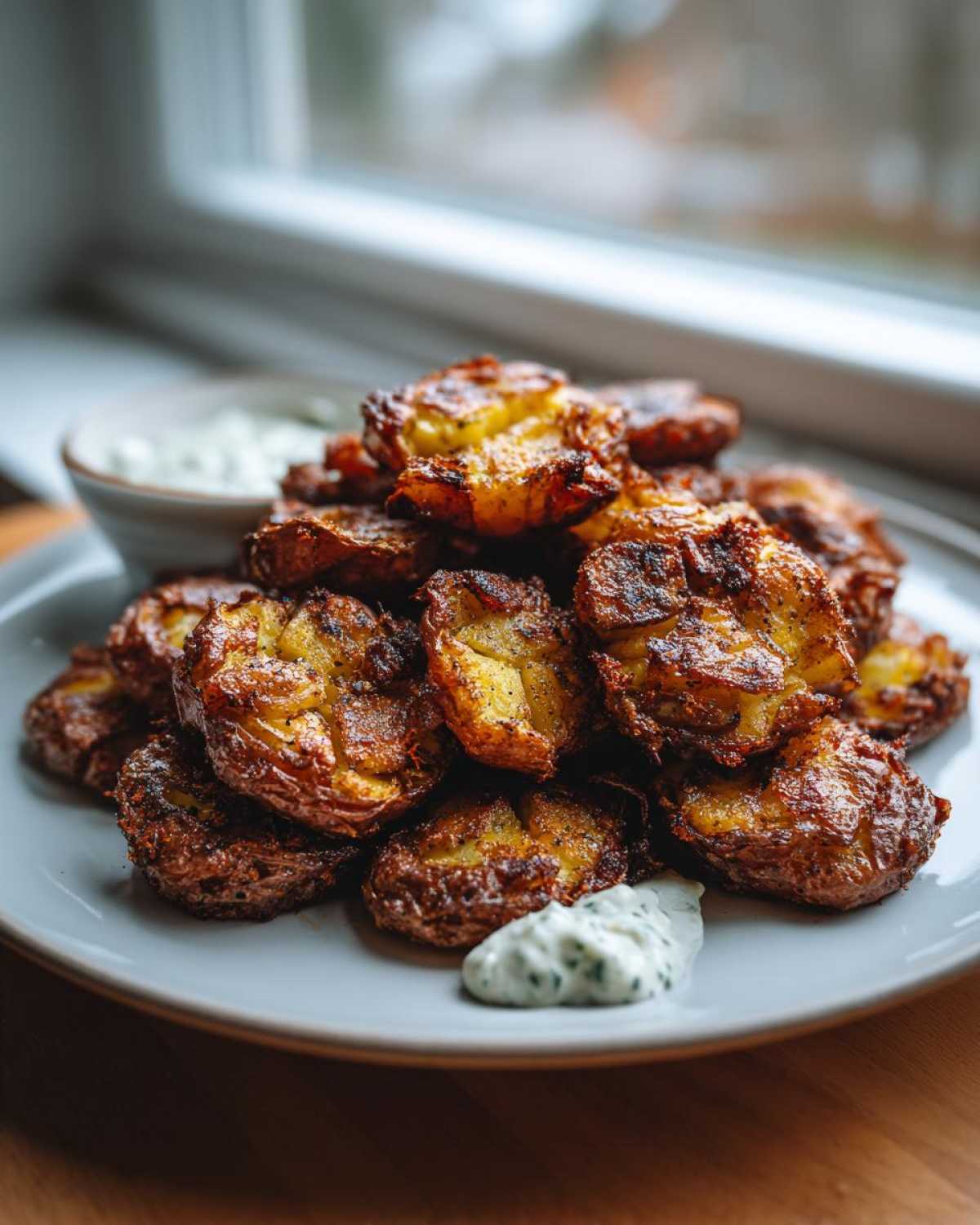 A pile of perfectly browned Sheet Pan Crispy Smashed Potatoes served with a side of green herb garlic aioli.