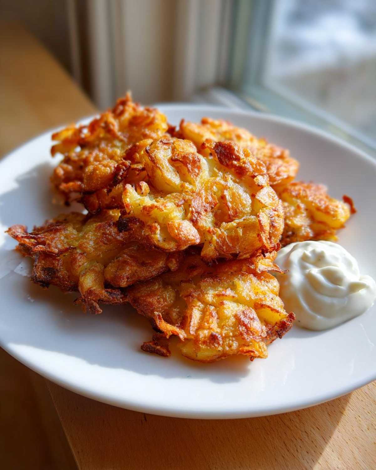 A plate of golden brown, crispy smashed potatoes served with a dollop of garlic aioli.