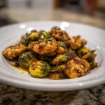 Close-up of glazed chicken pieces and roasted Brussels sprouts from Sheet Pan Garlic Butter Chicken and Brussels Sprouts.