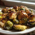Close-up of juicy Sheet Pan Garlic Butter Chicken and Brussels Sprouts served on a white plate.