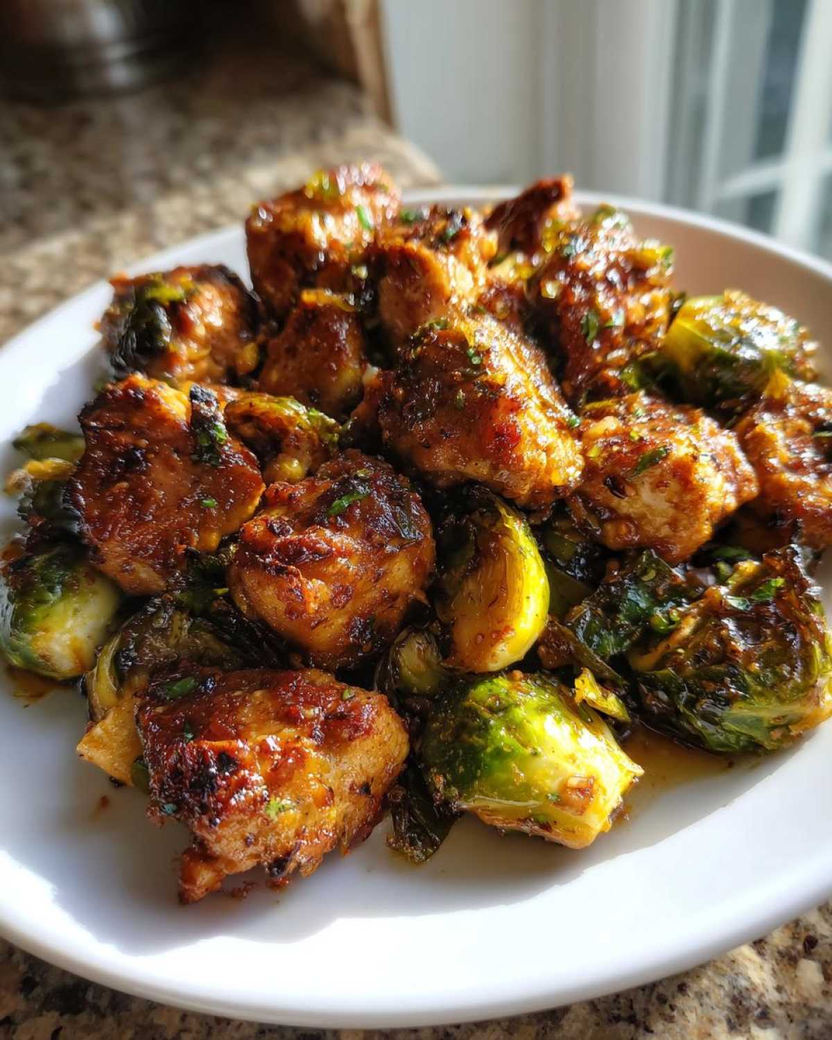 Close-up of glazed Sheet Pan Garlic Butter Chicken and Brussels Sprouts served on a white plate.