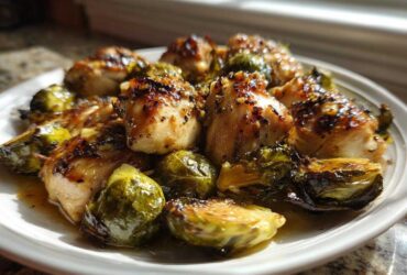 Close-up of juicy Sheet Pan Garlic Butter Chicken and Brussels Sprouts served on a white plate.
