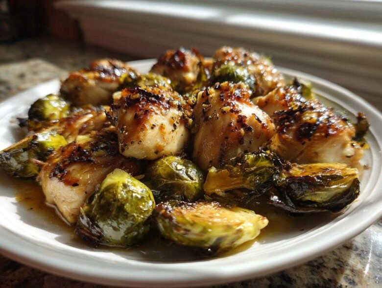 Close-up of juicy Sheet Pan Garlic Butter Chicken and Brussels Sprouts served on a white plate.