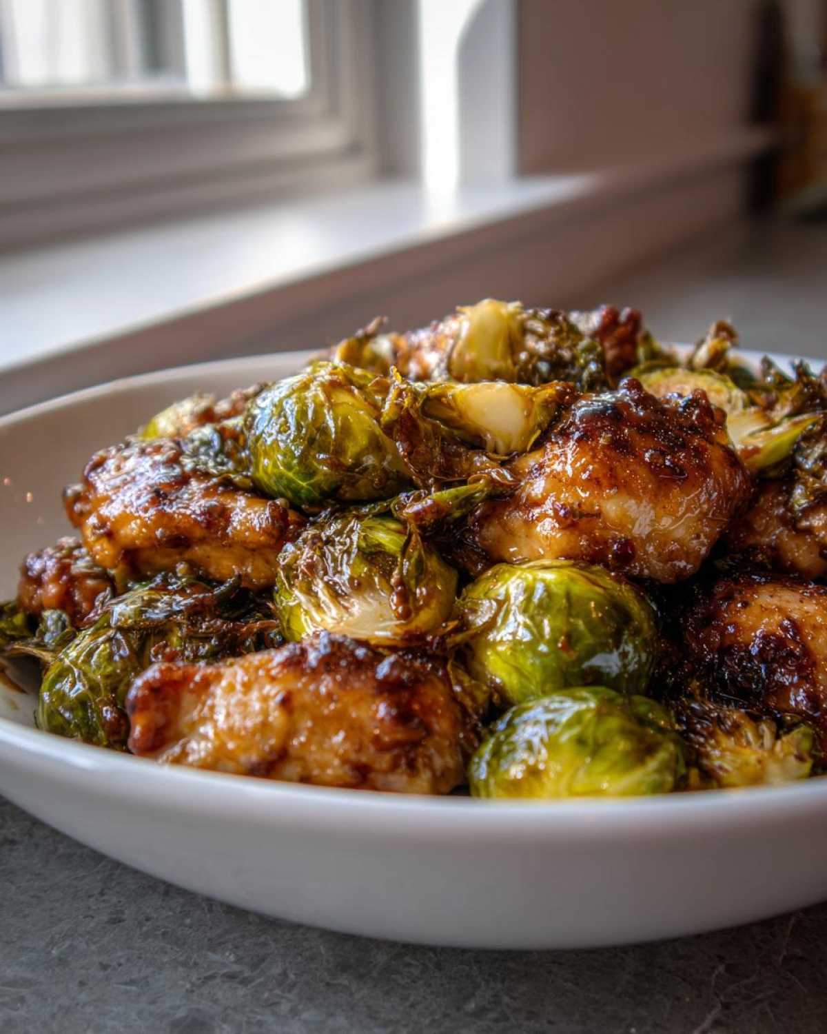 Close-up of glazed chicken pieces mixed with roasted Brussels sprouts from Sheet Pan Garlic Butter Chicken and Brussels Sprouts.