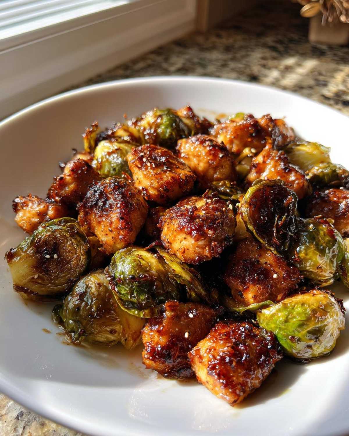 Close-up of glazed chicken pieces mixed with roasted Brussels sprouts, highlighting the Sheet Pan Garlic Butter Chicken and Brussels Sprouts.