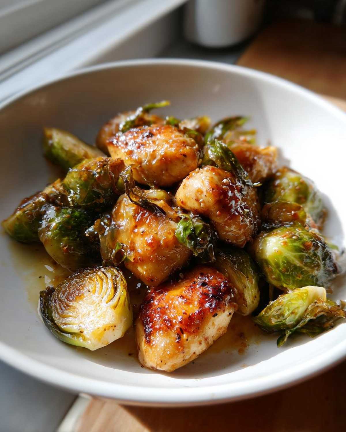 Close-up of glazed chicken pieces and roasted Brussels sprouts from Sheet Pan Garlic Butter Chicken and Brussels Sprouts.