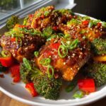 Close-up of glazed Sheet Pan Ginger Orange Chicken Thighs served with roasted broccoli and red peppers, garnished with sesame seeds.