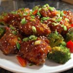 Glazed Sheet Pan Ginger Orange Chicken Thighs served with roasted broccoli florets and red peppers.