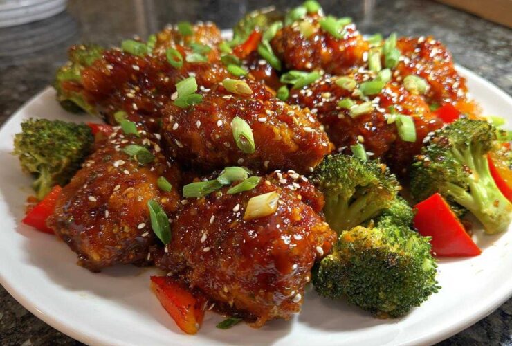 Glazed Sheet Pan Ginger Orange Chicken Thighs served with roasted broccoli florets and red peppers.