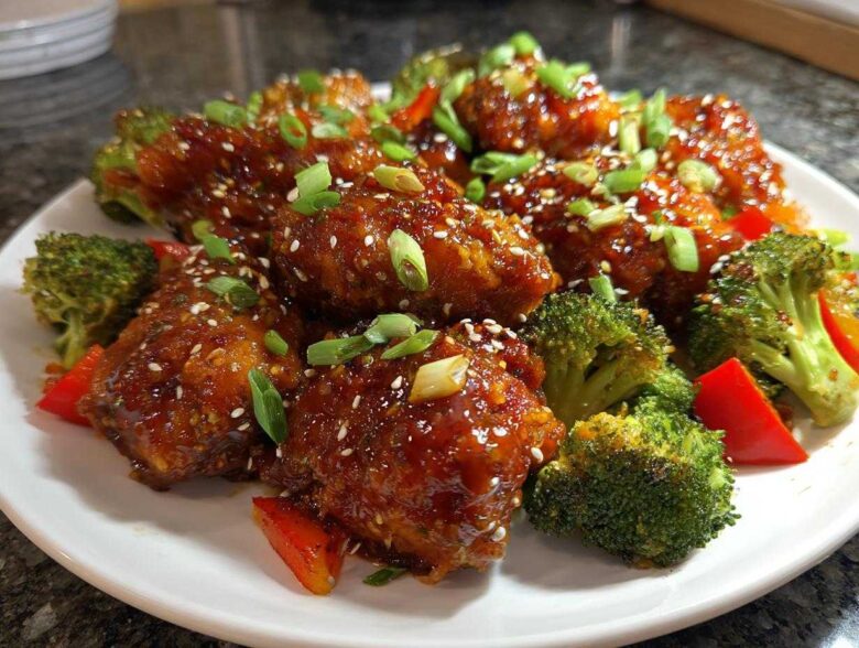 Glazed Sheet Pan Ginger Orange Chicken Thighs served with roasted broccoli florets and red peppers.