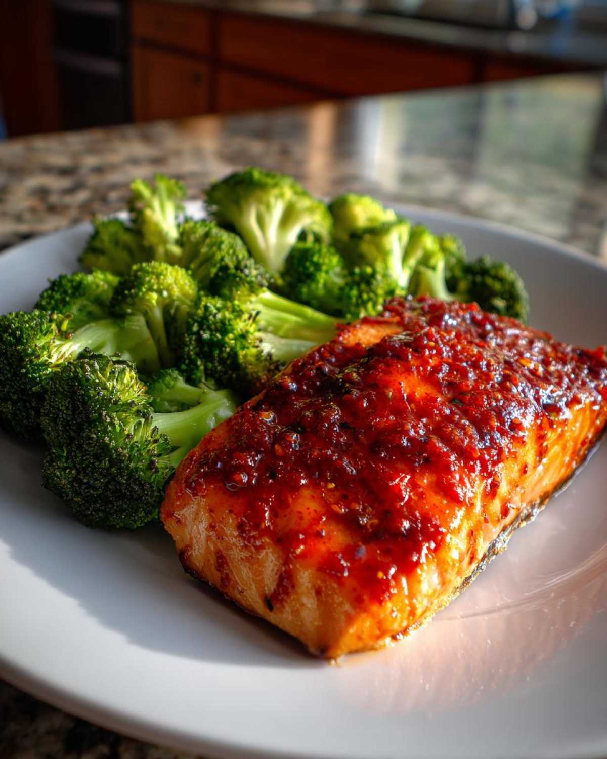 A cooked fillet of Sheet Pan Honey Harissa Salmon glazed with a spicy red sauce, served next to bright green steamed broccoli florets on a white plate.
