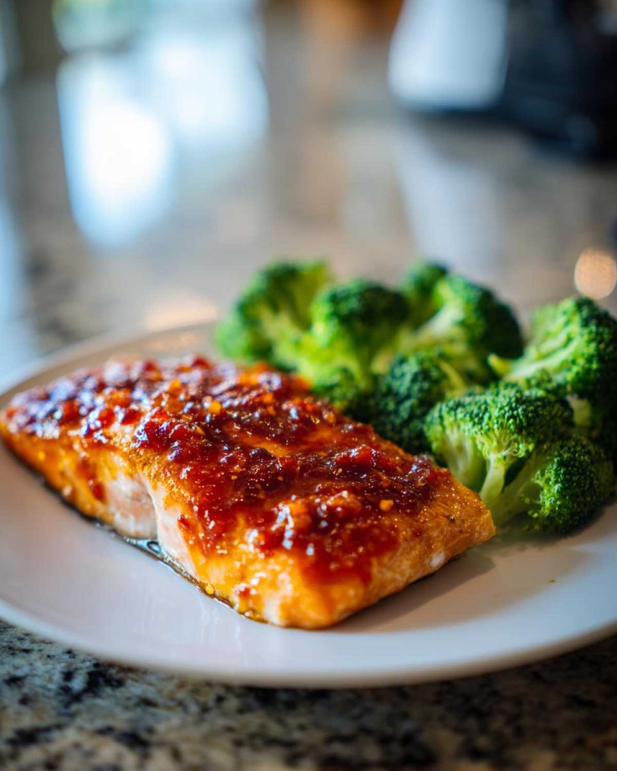A perfectly cooked fillet of Sheet Pan Honey Harissa Salmon topped with a shiny, spicy glaze, served next to bright green steamed broccoli.