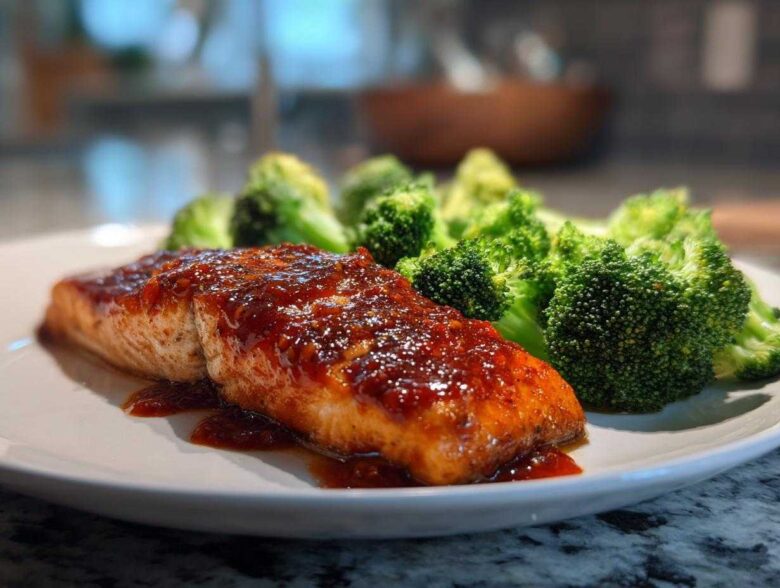 Close-up of a perfectly cooked fillet of Sheet Pan Honey Harissa Salmon topped with a glossy red glaze, served next to bright green steamed broccoli florets.