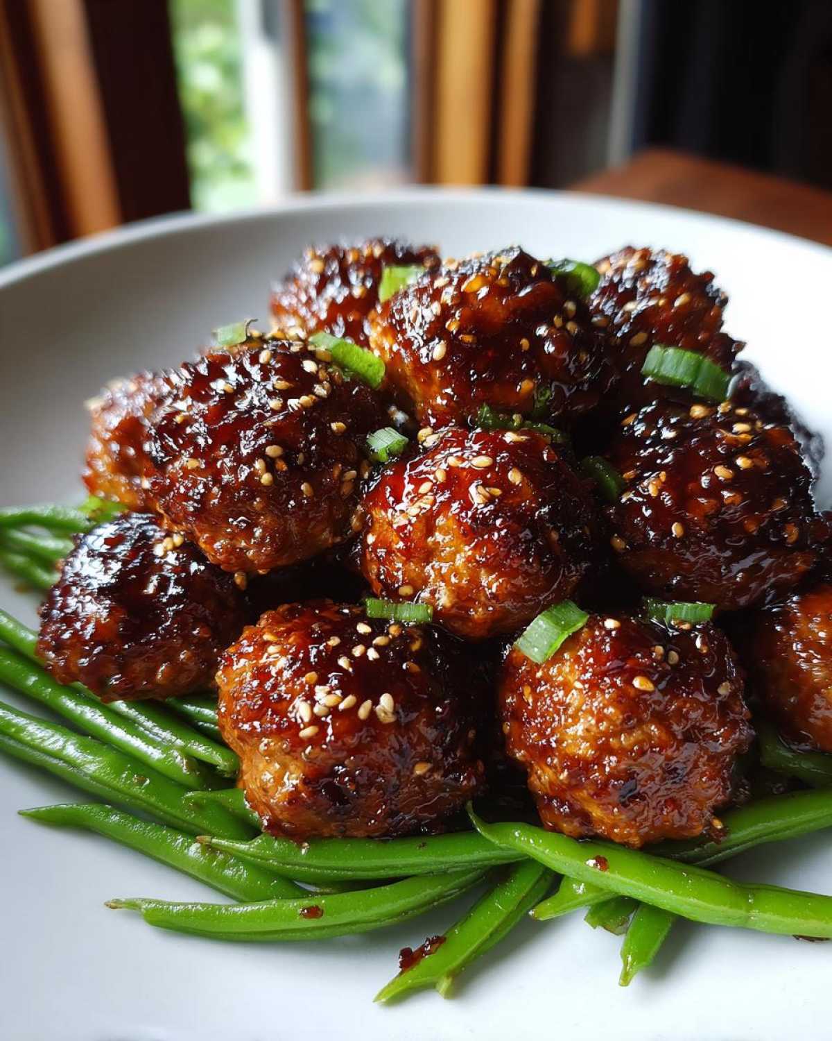 Close-up of Sheet Pan Sticky Sesame Meatballs piled on bright green snap peas, covered in a dark glaze and sesame seeds.