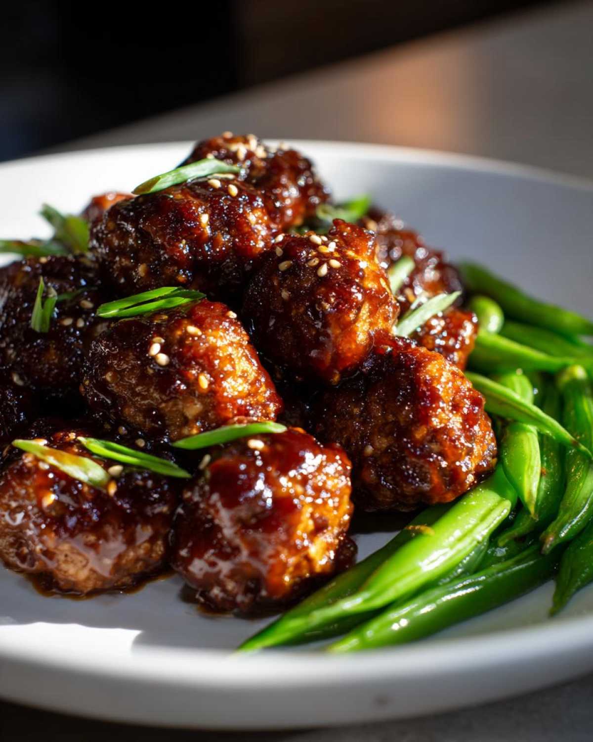 Close-up of glossy Sheet Pan Sticky Sesame Meatballs glazed in sauce and topped with sesame seeds and scallions, served alongside bright green snap peas.
