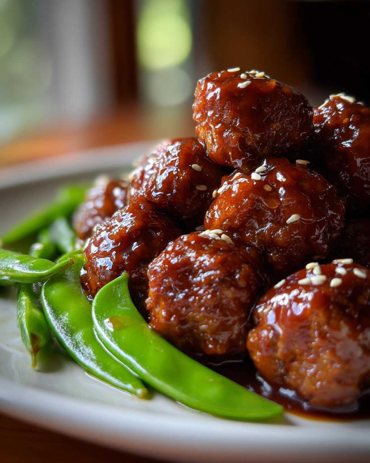 Close-up of glossy Sheet Pan Sticky Sesame Meatballs coated in sauce and topped with sesame seeds, served alongside bright green snap peas.