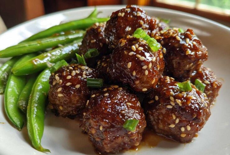 Close-up of glossy Sheet Pan Sticky Sesame Meatballs coated in sauce and sesame seeds, served with bright green snap peas.