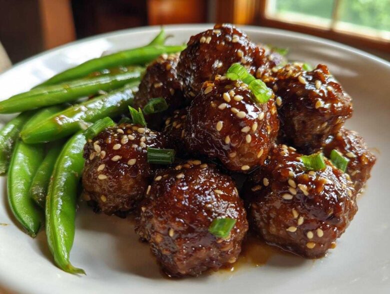 Close-up of glossy Sheet Pan Sticky Sesame Meatballs coated in sauce and sesame seeds, served with bright green snap peas.