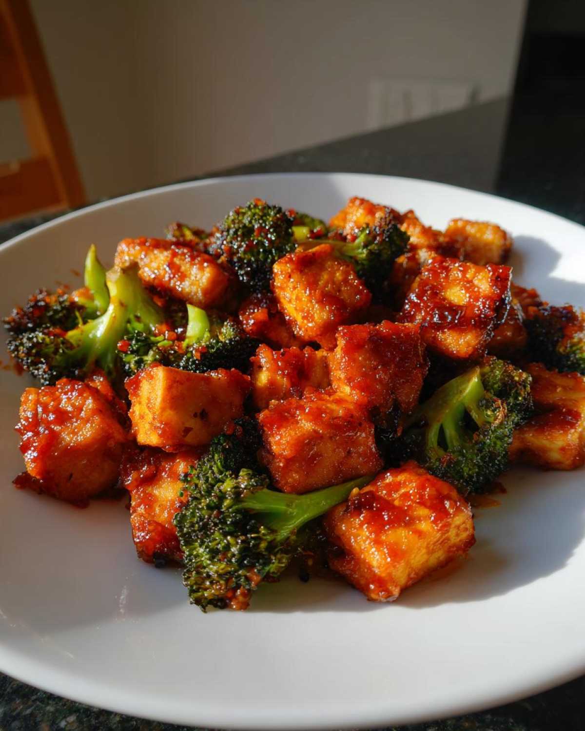 Close-up of crispy, glazed tofu cubes mixed with roasted broccoli florets, featuring Sheet Pan Sweet Chili Tofu with Broccoli.