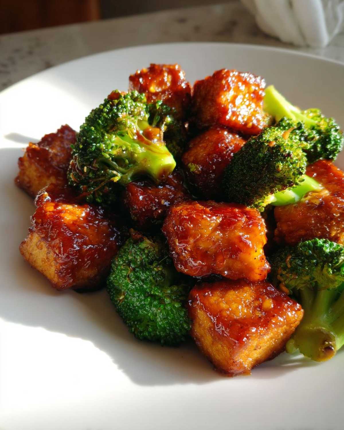 Close-up of glazed Sheet Pan Sweet Chili Tofu with Broccoli florets served on a white plate.