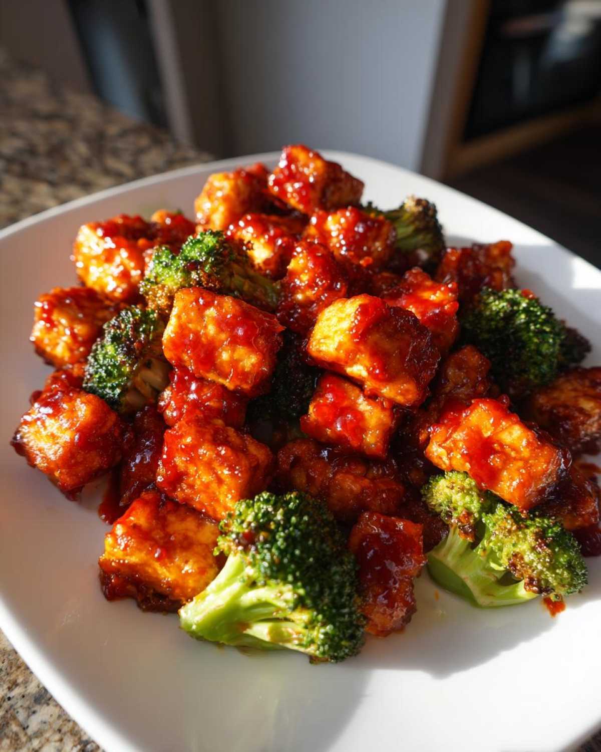 Close-up of crispy tofu cubes and bright green broccoli florets coated in glossy sweet chili sauce for Sheet Pan Sweet Chili Tofu with Broccoli.