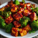 Close-up of Sheet Pan Sweet Chili Tofu with Broccoli coated in a glossy sauce and garnished with green onions.