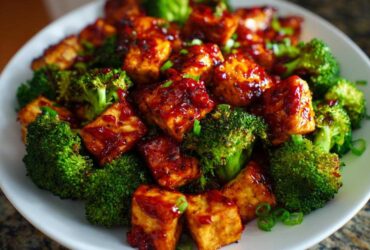 Close-up of Sheet Pan Sweet Chili Tofu with Broccoli coated in a glossy sauce and garnished with green onions.