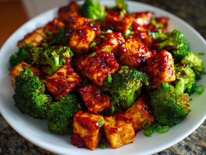 Close-up of Sheet Pan Sweet Chili Tofu with Broccoli coated in a glossy sauce and garnished with green onions.