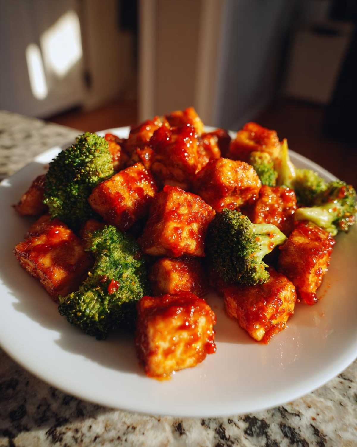 Close-up of crispy tofu cubes coated in sweet chili sauce mixed with bright green broccoli florets.