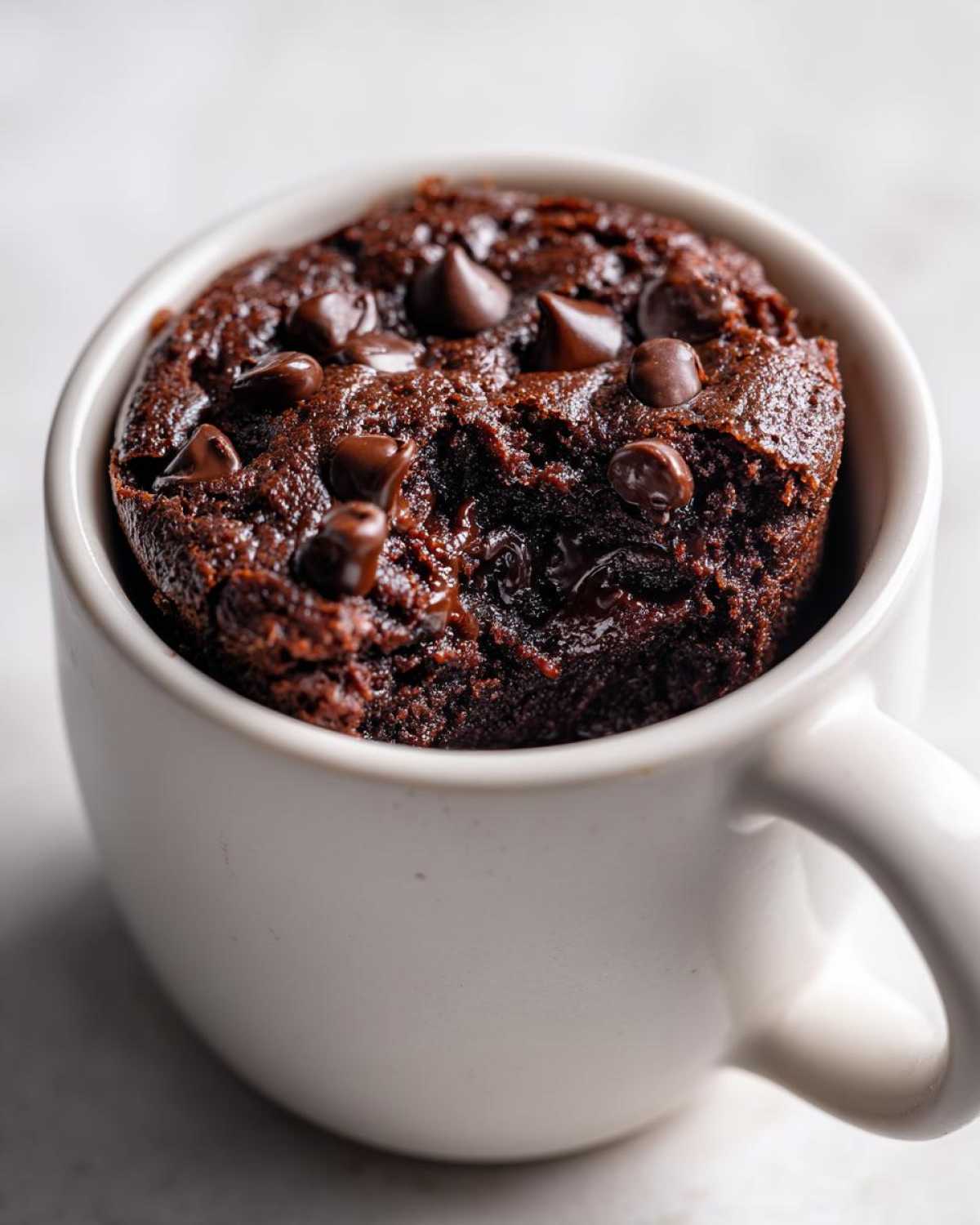 Close-up of a moist, dark chocolate Single Serve Protein Brownie topped with melted chocolate chips in a white mug.