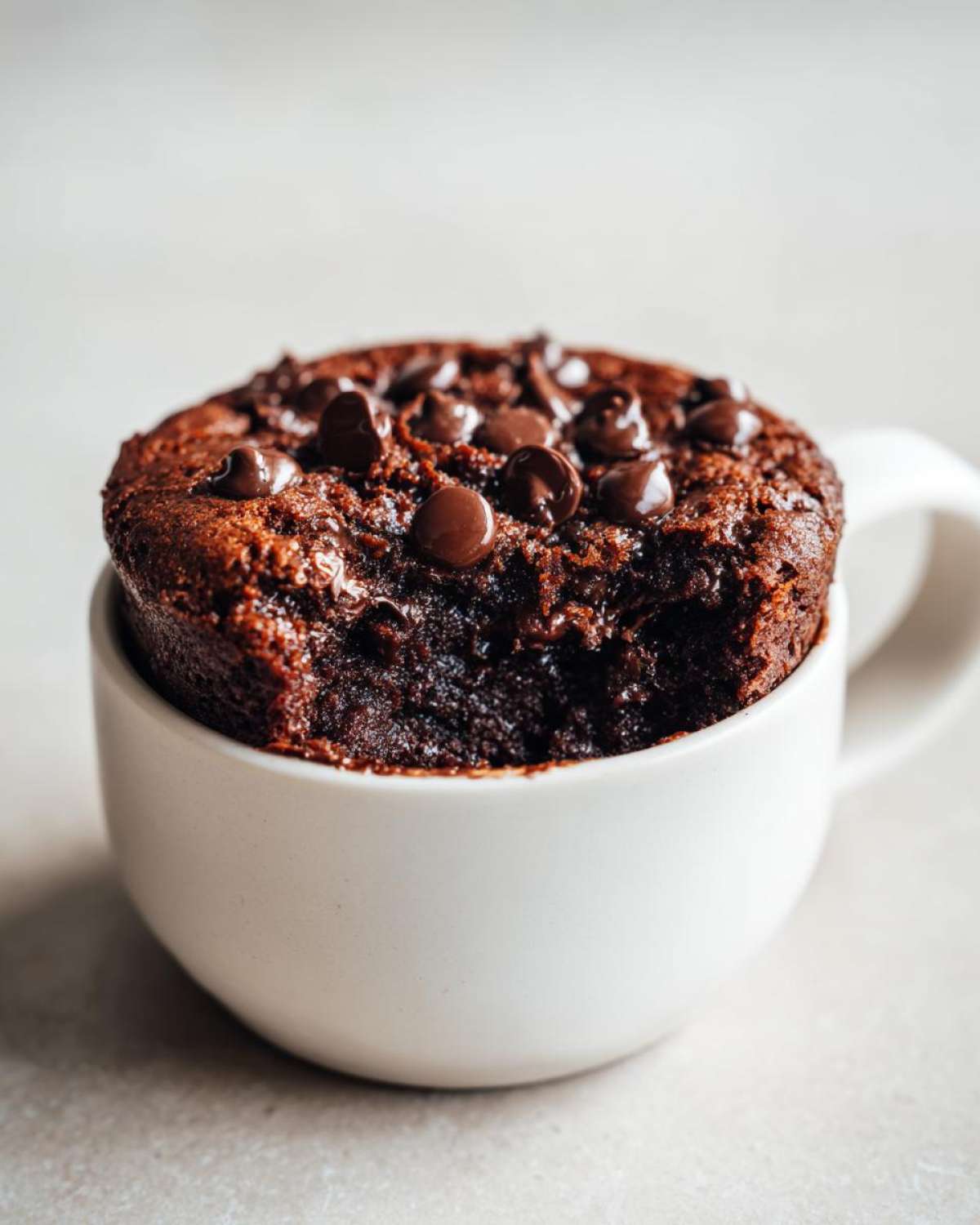Close-up of a rich, dark chocolate Single Serve Protein Brownie baked in a white mug, topped with melted chocolate chips.