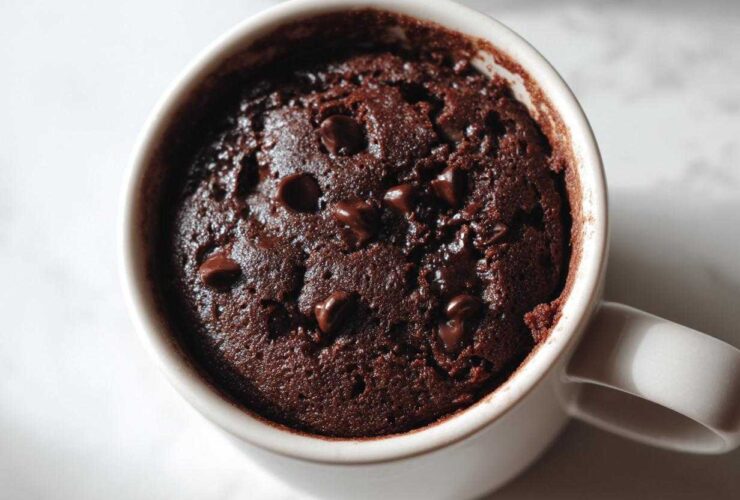 Overhead close-up of a rich, dark chocolate Single Serve Protein Brownie baked inside a white mug, topped with melted chocolate chips.
